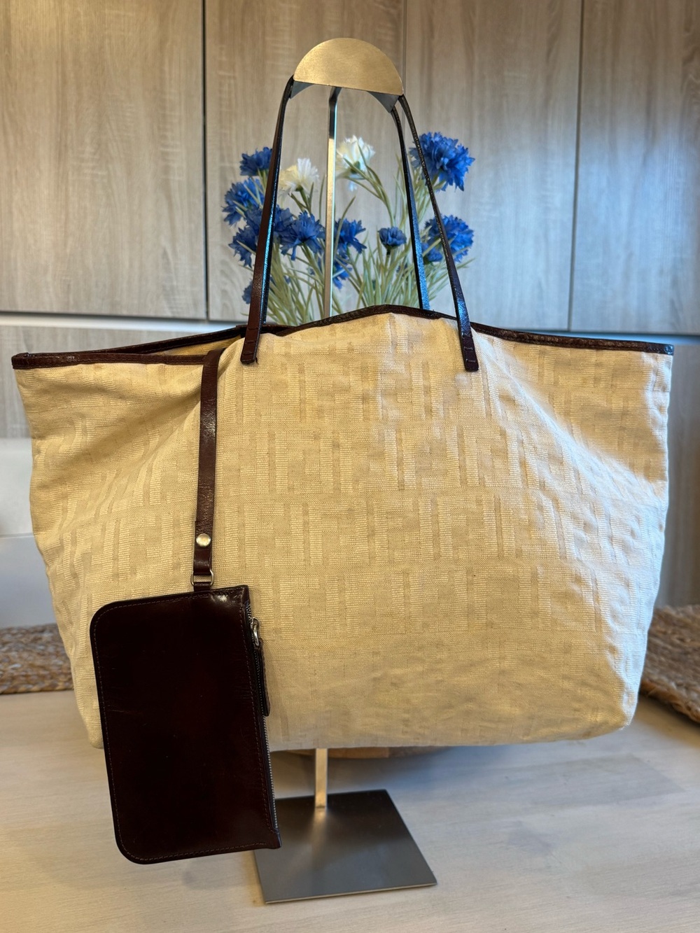 Authentic Vintage Fendi Monogram "Bone on Bone" Zucca Tote Bag w/ Leather Pouch